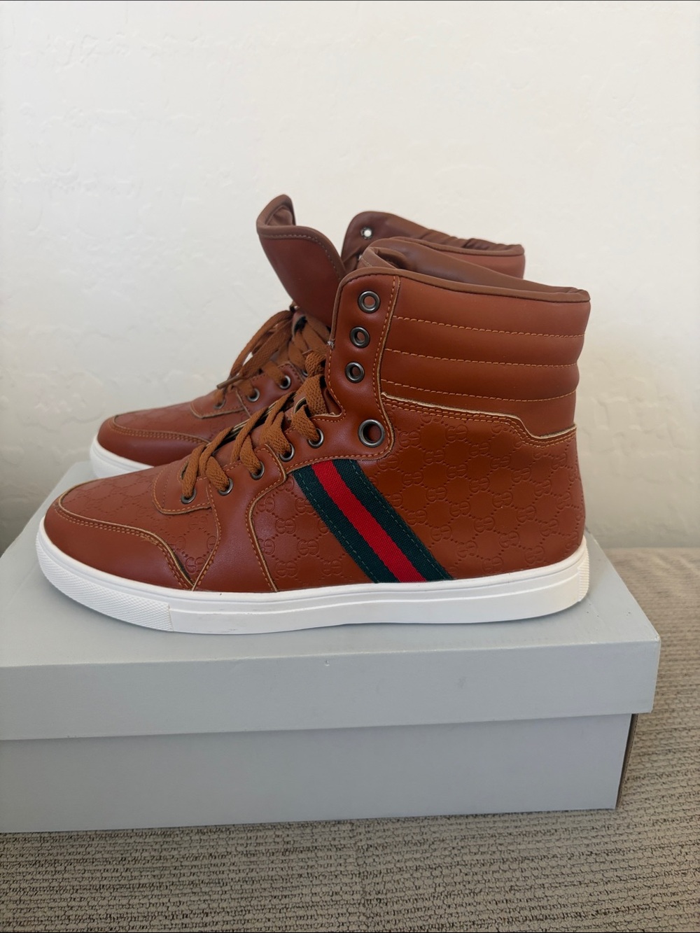 Gucci Brown High-Top Sneakers with Red & Green Web Stripe